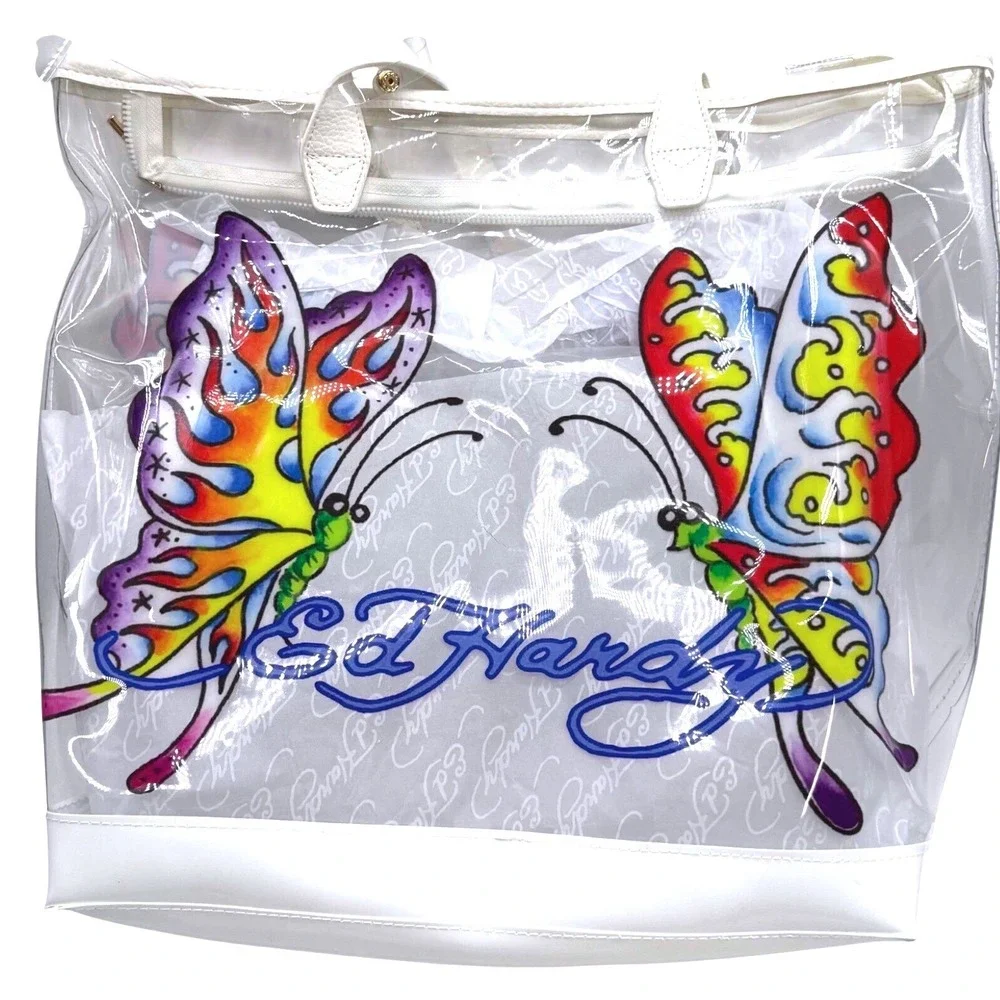 Ed Hardy Clear PVC Butterfly Tote Bag White Tattoo Print‎